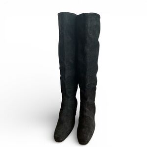 Vintage Transit Black Suede Knee High Boots 9M 90s Block Heel Gold Stud Detail